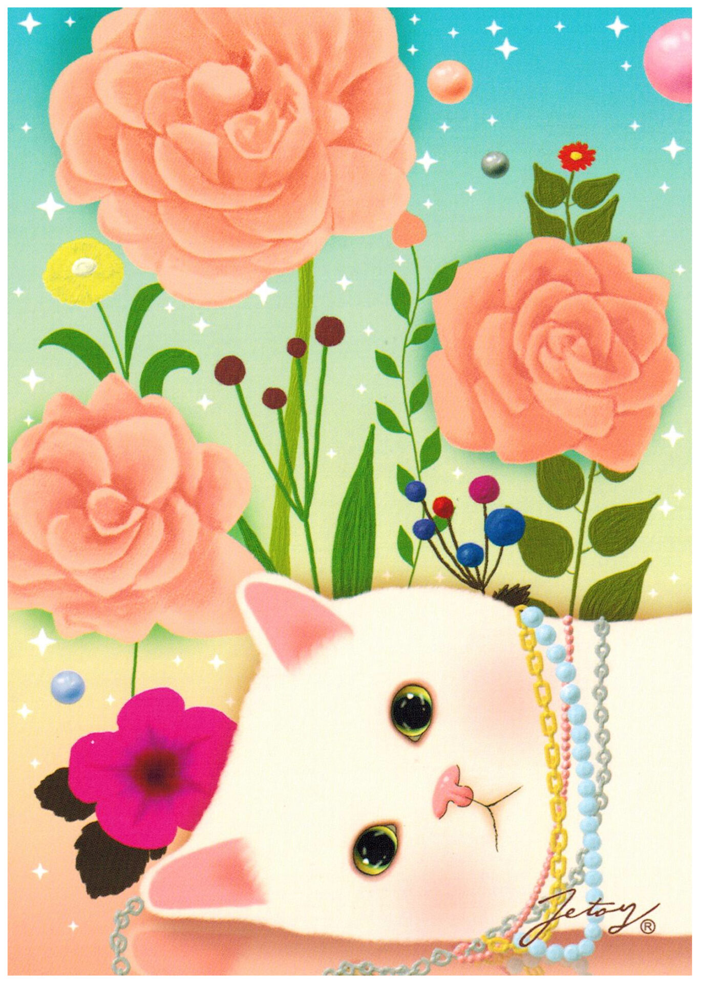 Jetoy Choo Choo Cat Postcard: Pink Rose