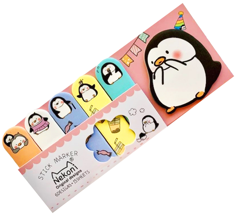 Nekoni Die-Cut Sticky Kawaii Memo Flags: Party Penguin